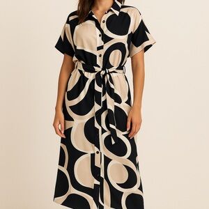 DKNY Black and Cream Circle Print Midi Dress